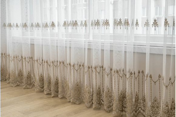 Тюль фатин з вишивкою Manelle TFV-9062 молочно-золотистий