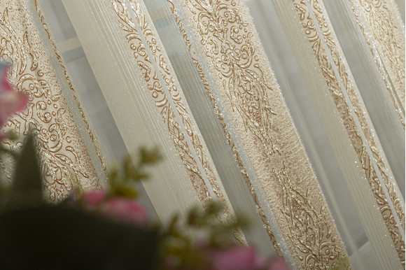 Тюль вуаль с полосками TVS-9259 золотисто-бордовый