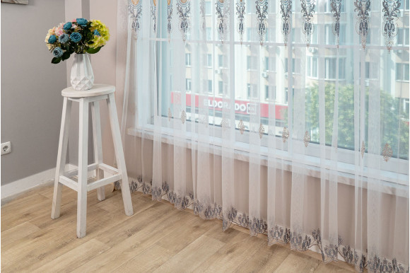 Готовый Тюль французский фатин с вышивкой Azzaro  GT-9317 синий/беж 2,32м/4,60м