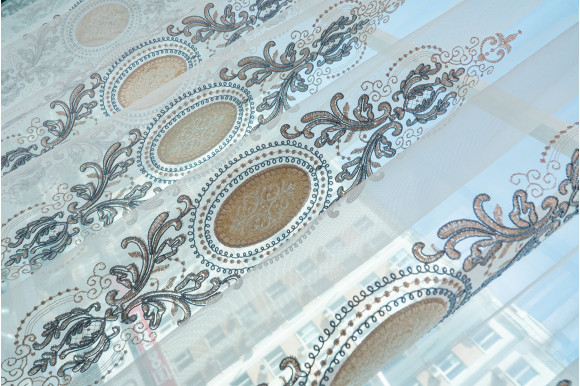 Готовый Тюль французский фатин с вышивкой Azzaro  GT-9317 синий/беж 2,32м/4,60м