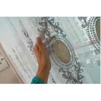 Готовый Тюль французский фатин с вышивкой Azzaro GT-9317 синий/беж 2,32м/4,60м