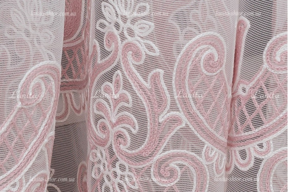 Готовий тюль льон з вишивкою Levante рожевий 2,51м/6,0м