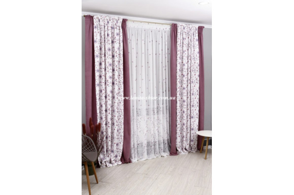 Готовые шторы микровелюр компаньон с кулиской -однотонные  2.56/2*1.35+шторы с цветами  2.56/2*1.15