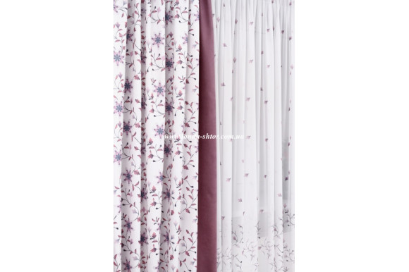 Готовые шторы микровелюр компаньон с кулиской -однотонные  2.56/2*1.35+шторы с цветами  2.56/2*1.15