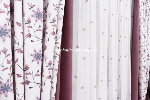 Готовые шторы микровелюр компаньон с кулиской -однотонные  2.56/2*1.35+шторы с цветами  2.56/2*1.15
