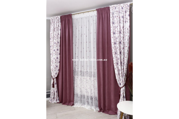 Готовые шторы микровелюр компаньон с кулиской -однотонные  2.56/2*1.35+шторы с цветами  2.56/2*1.15