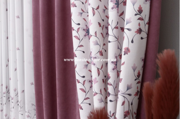 Готовые шторы микровелюр компаньон с кулиской -однотонные  2.56/2*1.35+шторы с цветами  2.56/2*1.15