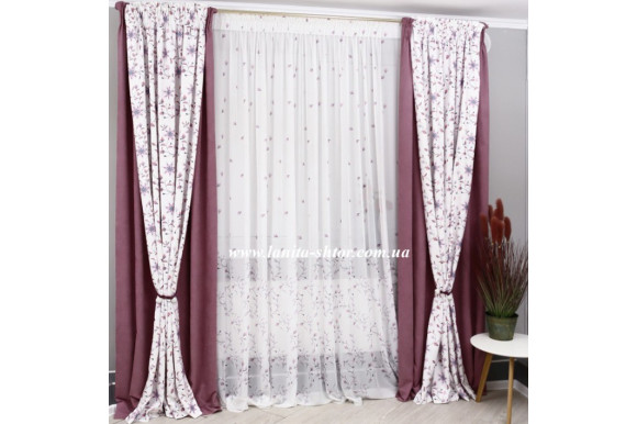 Готовые шторы микровелюр компаньон с кулиской -однотонные  2.56/2*1.35+шторы с цветами  2.56/2*1.15