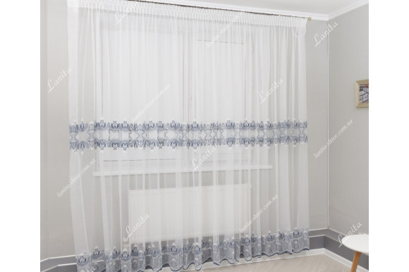 Готовый тюль лен с вышивкой Levante синий 2,51м/6,0м