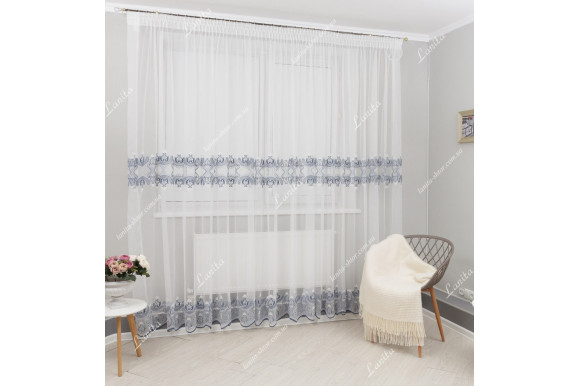 Готовый тюль лен с вышивкой Levante синий 2,51м/6,0м