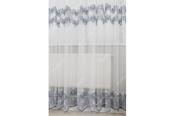 Готовый тюль лен с вышивкой Levante синий 2,51м/6,0м