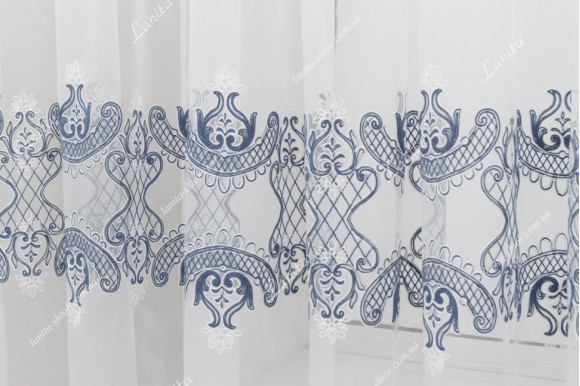 Готовый тюль лен с вышивкой Levante синий 2,51м/6,0м