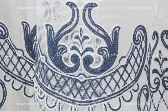 Готовый тюль лен с вышивкой Levante синий 2,51м/6,0м