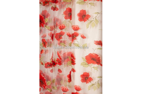 Тюль с красными маками деворе К7401