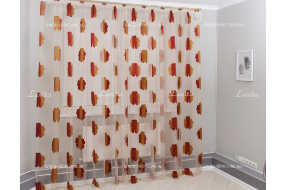 Тюль органза Mexx золотисто-бордовый цветок 2,51м/6,0м