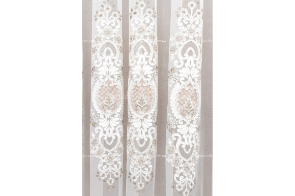 Готовый тюль французский фатин с вышивкой  Azzaro 6039 золотисто-пудровый 2,51м/5,90м